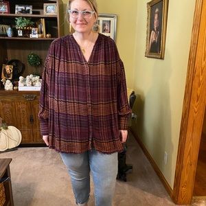 Free People Plaid Button-Up, Large, wine/yellow